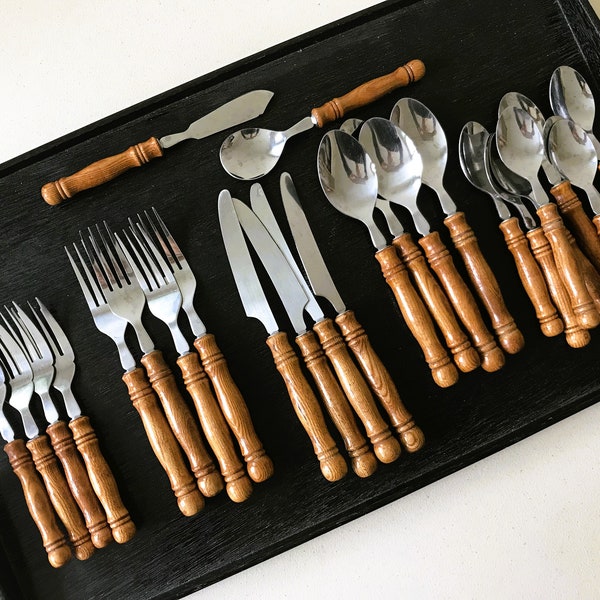 Vintage Old Homestead Wooden Wood Handle Stainless Steel Utensil Silverware Flatware - Set of 26 - Service for 4