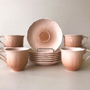 Vintage Mikasa Amaryllis Cups and Saucers - Peachy Pink Floral Set