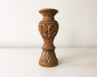 Vintage Ornate Bohemian Tiki Carved Wood 8" Vase