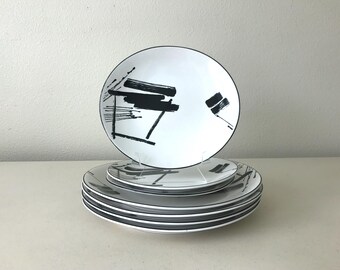 Vintage Sango Dinner & Salad Plates - The Larry Laslo Collection "Calligraphy" Ceramic Plates, Set of 7