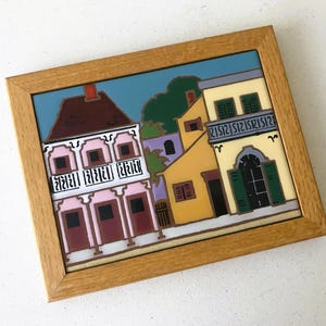 Vintage Ceramic Tile Trivet - European Village Wood Framed Trivet - Village Scene Trivet