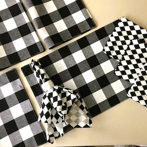 NEW Black & White Placemats and Napkins - Plaid and Harlequin Patterns - Set of 8