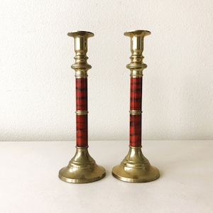 Vintage Brass Faux Marble Black Red Candle Holders Candlesticks - Set of Two