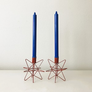 Vintage Red Candle Holders - Atomic Red Wire Metal STARS Sculptural Candlesticks - Set of Two