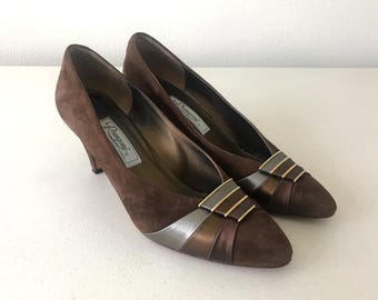 Vintage Rangoni Italian "Carmen" Suede & Satin Pumps - Chocolate Brown 80s with 2.5" Heels, Made in Italy