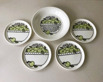 Vintage Rare Ceramic Recipe Dishes Farmhouse Country Kitchen Baking Cookware - Apple Pie Cooking & Serving Plates - Set of Five