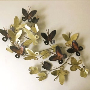 Vintage 70s Midcentury MCM Large Brutalist Brass Two-Tone Butterfly Rustic Folk Art Wall Art Hanging - Curtis Jere Style