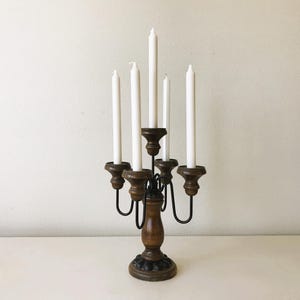 Vintage Colonial Candelabra - Tall 15&quot; Solid Wood & Metal Ornate Centerpiece with Five Candle Holders - Vintage Americana Candle Holder