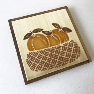 Vintage Ceramic Tile Trivet - PEACH BASKET Wood Framed Square Trivet - Cerdisa Italian Trivet