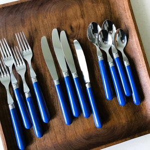 Vintage Loubinox France Inox Flatware Silverware Stainless Steel Utensil Set of 12 with Plastic Cobalt Blue Rivet Handle