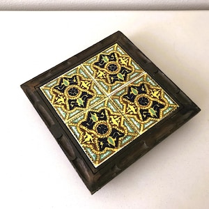 Vintage Mexican Mexico Rustic Folk Art Yellow Green Blue Ceramic Tile Wood Framed 11&quot; Square Trivet