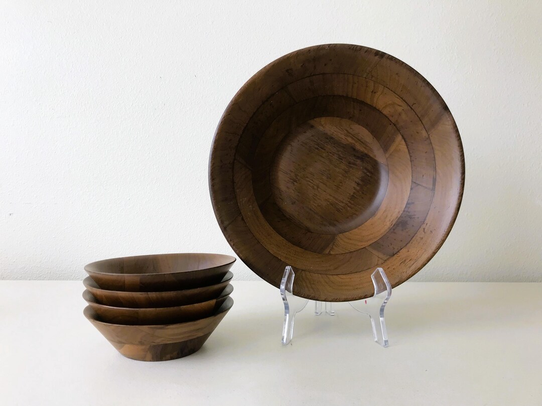 Vintage Kustom Kraft Walnut Wood Salad Bowl Set - Midcentury Appetizer ...