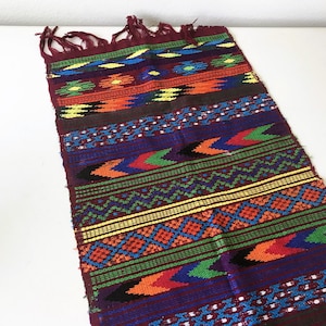 Vintage Woven Table Runner - Colorful Guatemalan Woven 40&quot; Table Linen - Embroidered Tablecloth Textile Fabric Tapestry