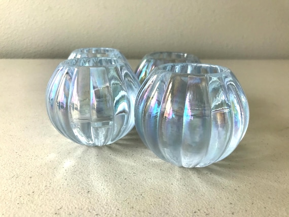 Vintage Iridescent Glass Candle Holders: Scallop Reversible Votive Candlesticks, Set of 4