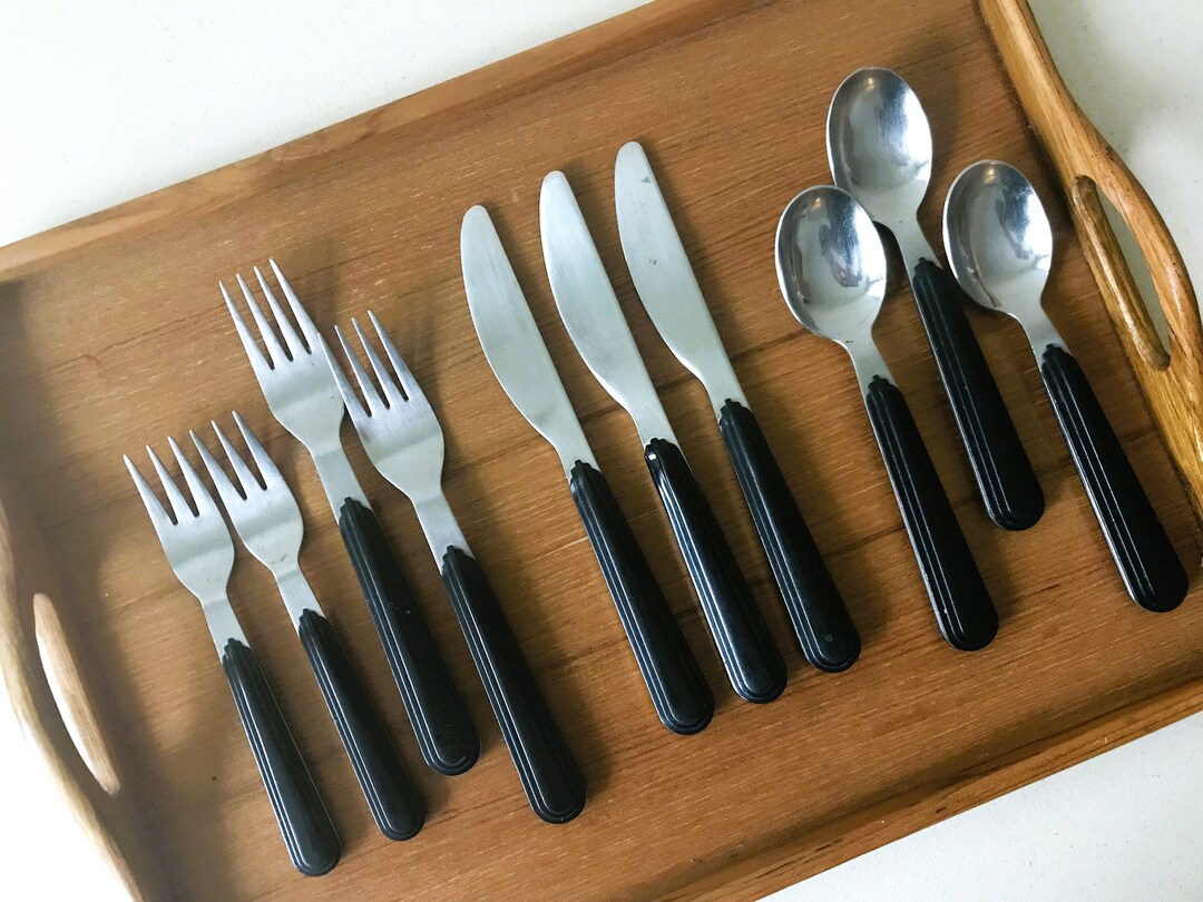 Vintage 80s JAZZ Plastic Black Arched Art Deco Stacked Ribbed Flatware