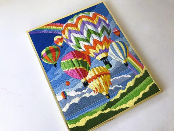 Vintage Hot Air Balloon Needlepoint Art - Framed Wall Hanging
