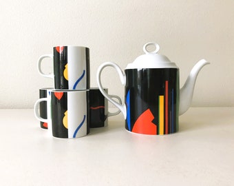 Vintage Jack Prince Toscany Colorful Postmodern New Wave Memphis Coffee Tea Set Teapot Cups Mugs - 6 Piece Set - Mint Condition