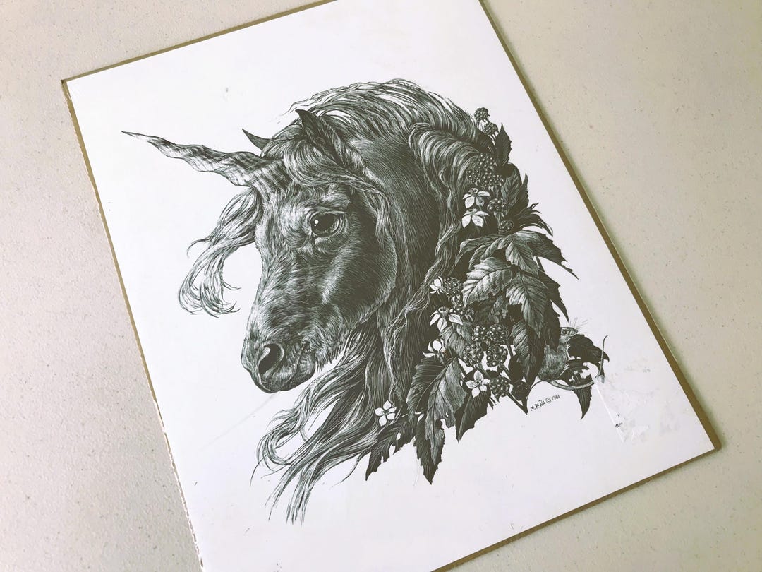 Vintage 80s Original Pen Art Print Unicorn With Butterflies and Flowers ...