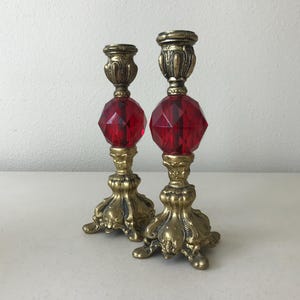 Vintage Brass & Faceted Red Lucite Candle Holders - Hollywood Regency Glam 8&quot; Candle Holders - Vintage Candlestick Pair