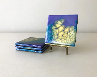 Psychedelic Painted Tile Coasters - Metallic Gold Accent - Set of 4