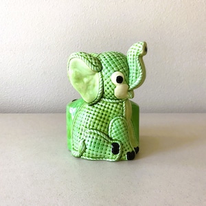 Vintage Elephant Planter - Green Gingham Faux Wicker Elephant Pot - Ceramic Small Planter made in Japan