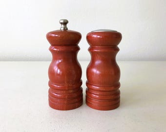 Vintage Mr. Dudley Red Wood Salt Shaker & Pepper Mill Set - 4.5" tall