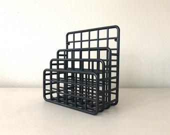 Vintage Black Plastic Desk Organizer: Industrial-Style Paper Sorter