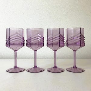 Purple Art Deco Plastic Wine Glasses - Vintage Set of Four