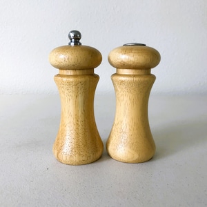 Vintage Mr. Dudley Blonde Wood Wooden Salt Shaker & Pepper Mill Set - 5&quot; tall
