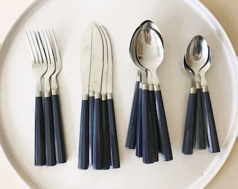 Vintage Navy Blue Plastic Faceted Flatware Silverware Stainless Steel Utensils - Set of 18