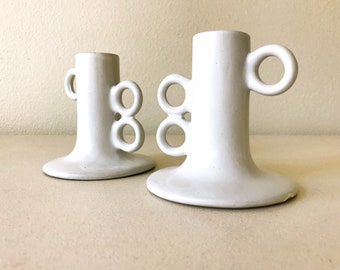 Vintage White Ceramic Candle Holders Candlesticks with Single and Double Holders - Set of 2
