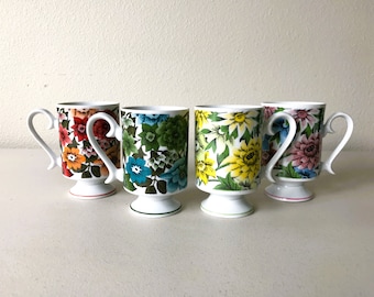 Vintage Floral Porcelain Mug Set - Pedestal Ceramic Mugs, Set of 4