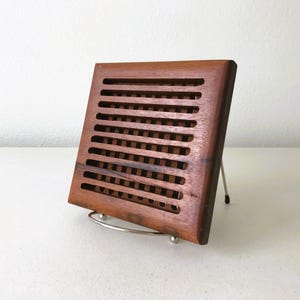 Vintage TEAK Trivet - Teak Wood Midcentury Square Trivet Set with Holder - Lattice Wood Trivet