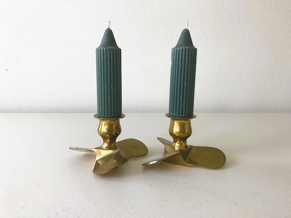Vintage Brass Candle Holders - Metal Propeller Industrial Candlesticks, Set of 2