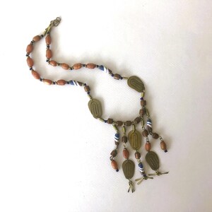 Vintage Bohemian Brutalist Necklace - Handmade Brass Spirals Beaded Glass Ceramic Beads Pendant Jewelry