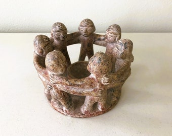 Vintage Circle of Friends Mexican Mexico Terracotta Clay Pottery Stoneware Primitive Rustic Folk Art Votive Holder - 7 Figures