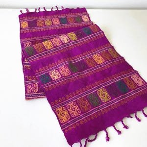 Vintage Woven Table Runner - Magenta Guatemalan Woven 56&quot; Table Linen - Embroidered Tablecloth Textile Fabric Tapestry