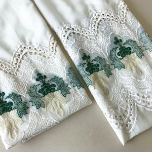 Vintage Embroidered Curtains - Green & White Sheer Lace Curtains - Sheer Curtains - Set of Two Panels + Two Valances
