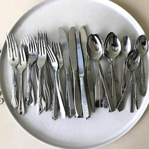 Vintage MCM Midcentury Mixed Mix-n-Match Mismatched Stainless Flatware Silverware COMPLETE SET of 45 - Service for 8 with Serving Utensils