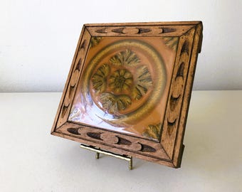 Midcentury Wood Framed Ceramic Tile Trivet - 8" Glazed Mexican Decor