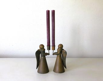 Vintage Brass Angel Candle Holders - Rustic Christmas Candlestick Set