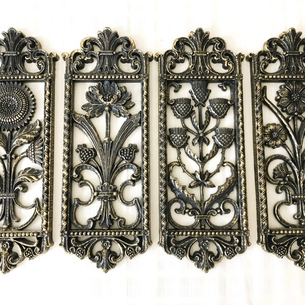 Vintage Homco Floral Flor Oro Negro Texturizado Plástico Cuatro Estaciones Colgaduras de pared Galería Placas de pared - Juego completo de 4