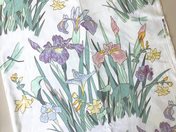 Vintage Cyrus Clark Irises Fabric: 80s Pastel Floral Upholstery, 4.2 Yards