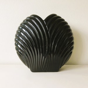 Vintage LARGE 15" Hollywood Regency Glam Deco Ridged Rippled Beachy Scallop Shell Black Ceramic Vase - Statement Piece!