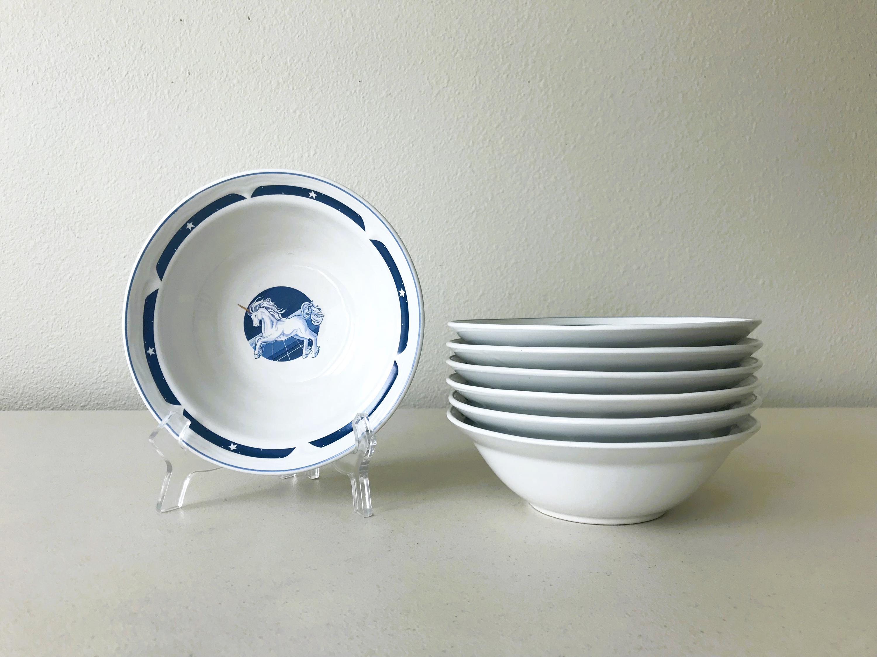 stoneware unicorn china plates Vintage UNICORN Tienshan Ceramic Stoneware Japan 80s Celestial Blue  Lavender Stars Fantasy Small Salad Bowls Set of Seven