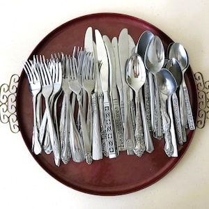 Vintage Mismatched Stainless Steel Flatware Set: Midcentury Utensil Service for 10 (50 Pieces)
