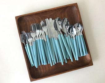 Vintage Blue Plastic Stainless Steel Flatware, Service for 8
