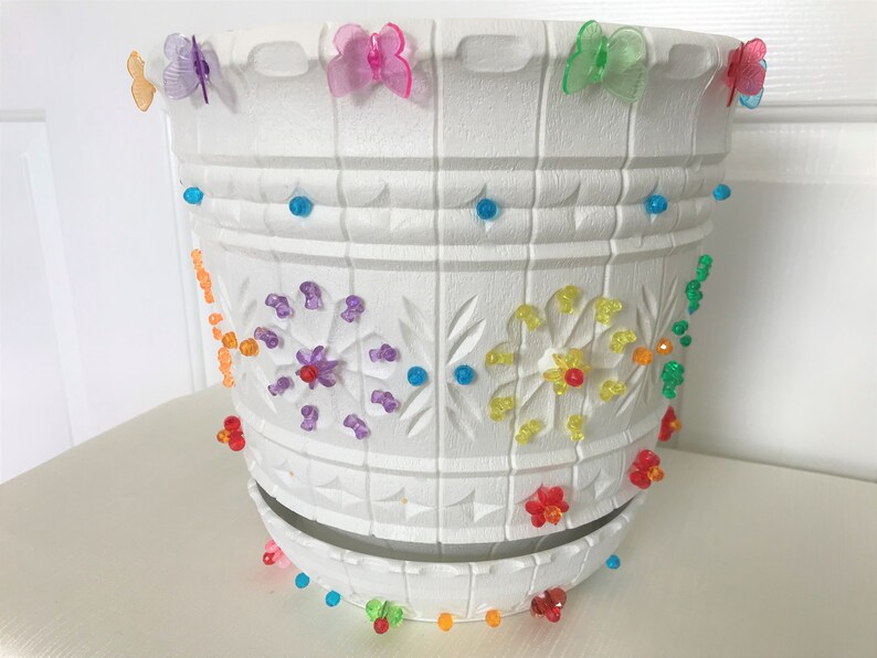 Vintage Lawnware Beaded Pendant Light Lamp Plant Planter Pot w/ Beads Butterflies - Large 10