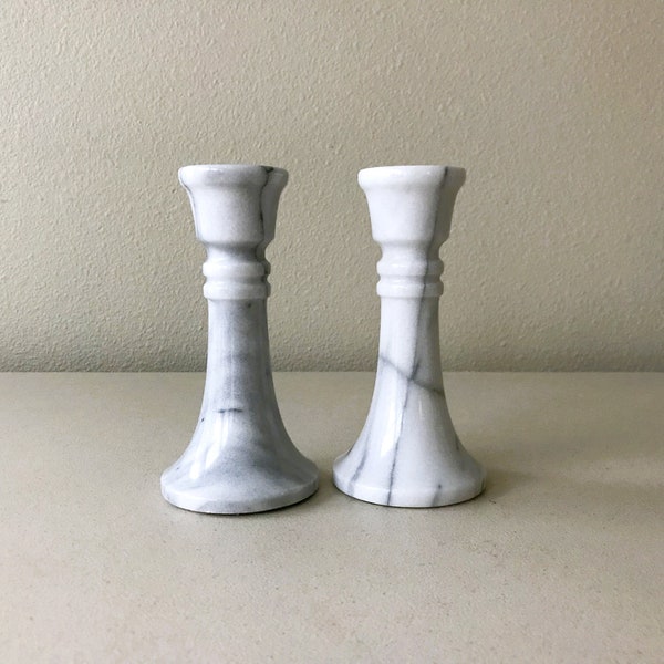 Vintage Carved White Grey Veined Marble Stone Candle Holders Candlesticks - Set of 2
