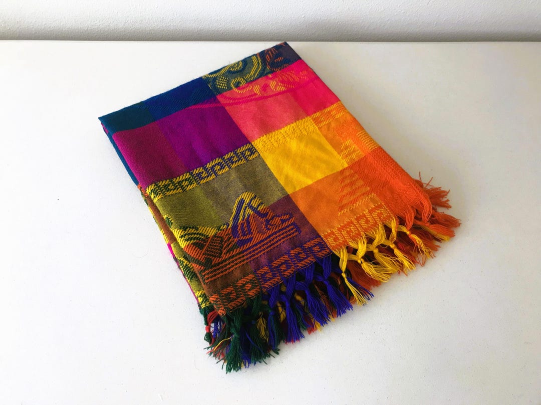 Vintage Aztec Woven Tablecloth - Colorful South American Fringed Table ...